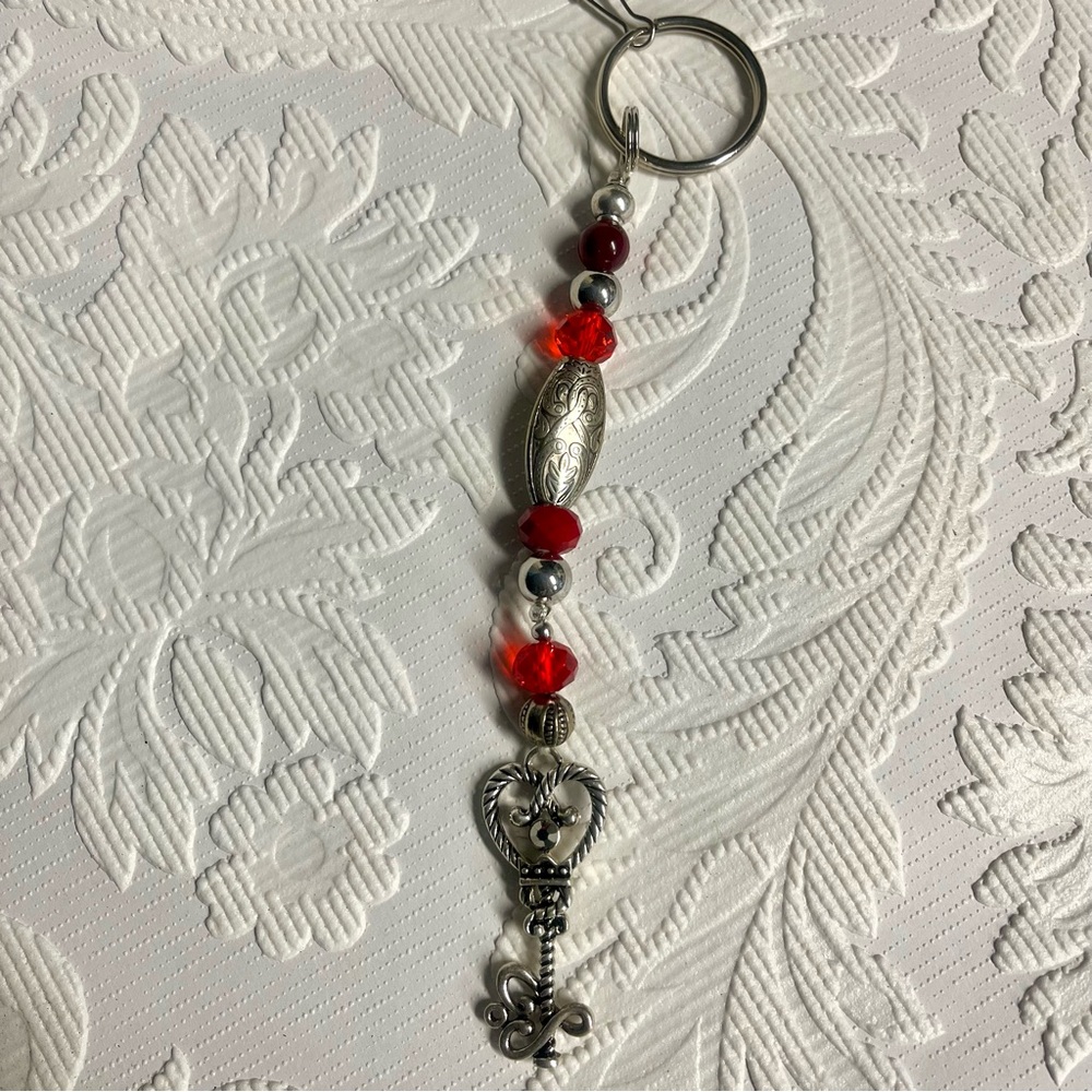 Beaded Keychain in Red and Silver; Handmade in my Boutique